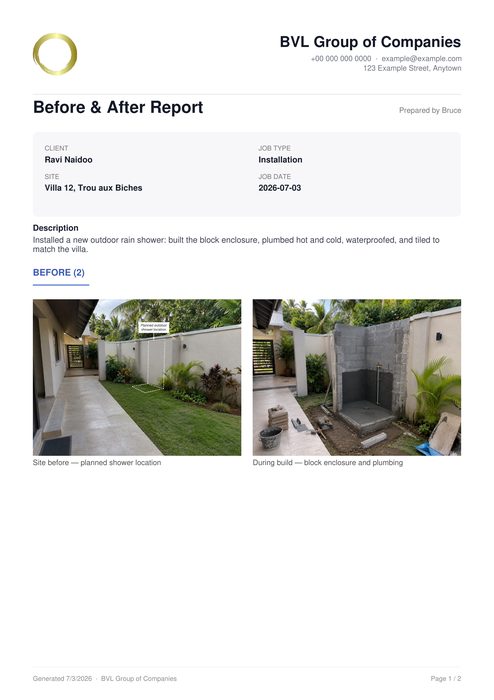 Branded PDF report, before photos