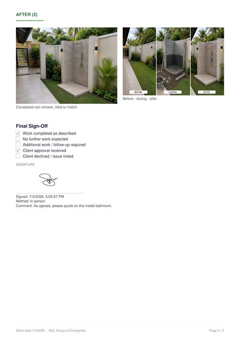 Branded PDF report, sign-off